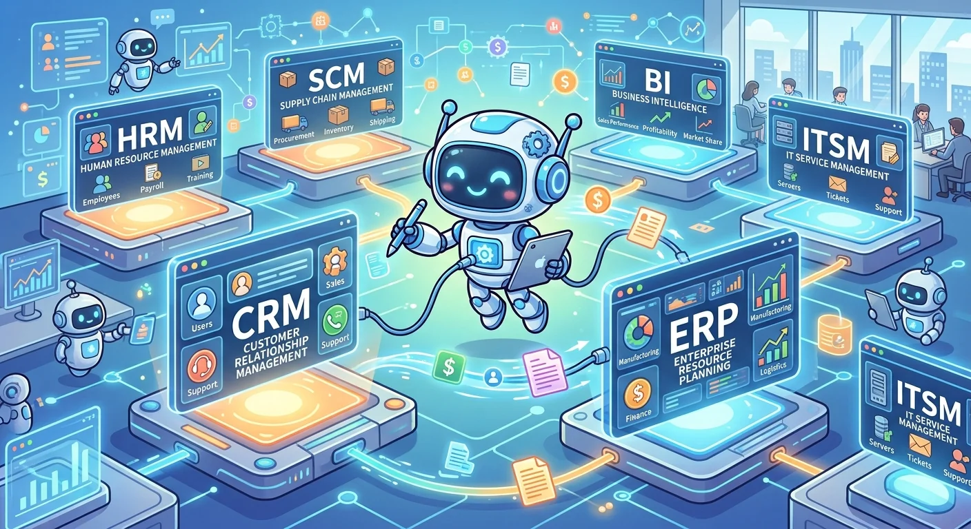An AI worker orchestrating enterprise systems — HRM, CRM, ERP, SCM, BI and ITSM working together
